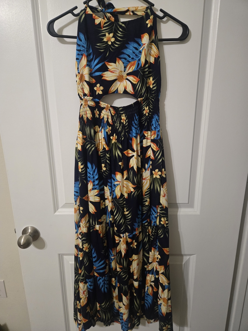 Floral Cutout Maxi Dress in Black with Blue & Cream Accents
